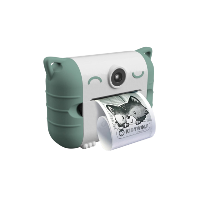 Impressora térmica portátil verde e branca com desenho de animal e papel impresso