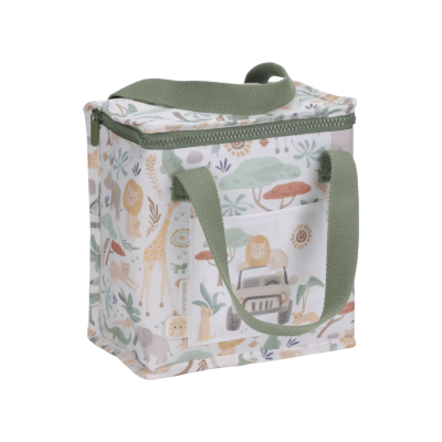 Bolsa térmica com padrão de animais selvagens em tons pastel e alças verdes