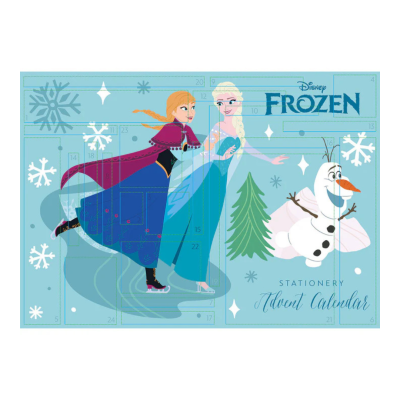 Calendário do Advento Disney Frozen com Anna, Elsa e Olaf em fundo azul com flocos de neve.