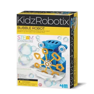 Brinquedo KidzRobotix Bubble Robot azul com peças amarelas, numa caixa com bolhas e texto em inglês