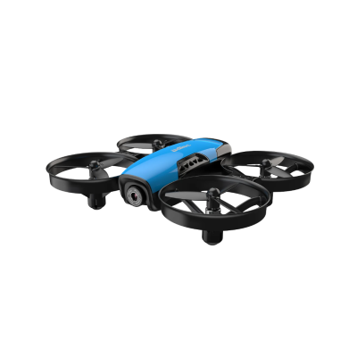 Drone pequeno azul e preto com quatro hélices e câmara na frente