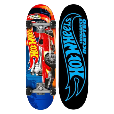 Skateboard com design Hot Wheels azul, vermelho e preto.