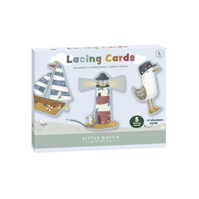 Caixa de brinquedo educativo Lacing Cards LITTLE DUTCH com cartões de barco, farol e gaivota e cadarços.