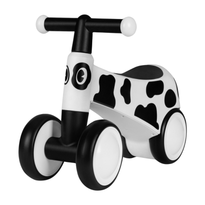 Carrinho infantil preto e branco com manchas estilo vaca