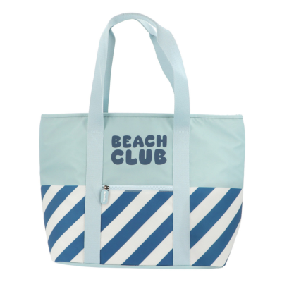 Saco de praia azul claro com alças largas e listras diagonais