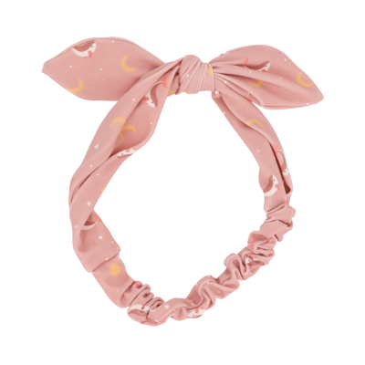 Elástico para cabelo rosa com padrão de pássaros e luas, com laço decorativo