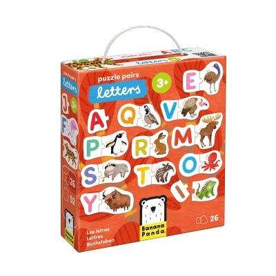 Caixa de puzzle educativo letters com peças coloridas e imagens de animais