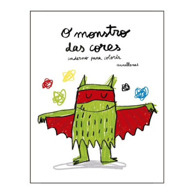 Caderno para colorir com monstro verde e vermelho, texto em português.