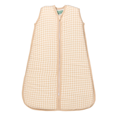 Saco de dormir para bebé bege e branco com padrão xadrez e fecho zip