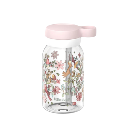 Garrafa infantil transparente com tampa rosa e decoração floral e animal