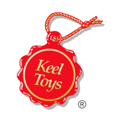 Etiqueta pendurada vermelha com texto Keel Toys e cordão vermelho e amarelo