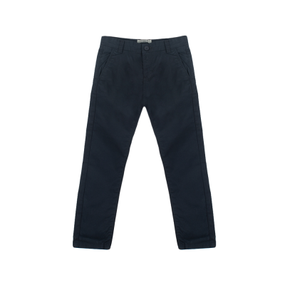 Calças azuis escuras com bolsos e cintura com botão