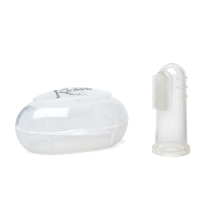 Escova de dentes para bebé e estojo transparentes.