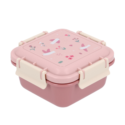 Caixa de plástico quadrada rosa com tampa decorada com pássaros e flores