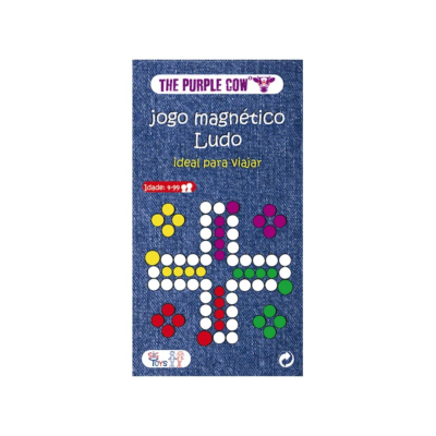 Caixa de jogo magnético Ludo com peças coloridas e fundo azul jeans
