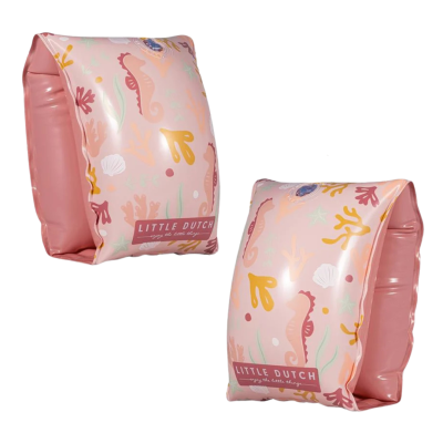 braçadeiras de natação infatís cor de rosa com estampados de cavalos-marinhos e label LITTLE DUTCH
