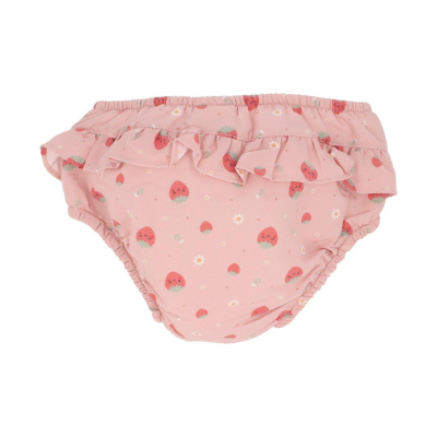 Cueca de bebé rosa com padrão de morangos e flores e folhos