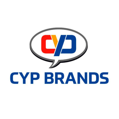Logótipo CYP BRANDS com balão de diálogo e letras coloridas