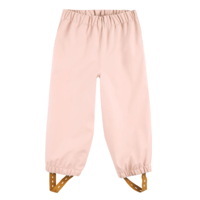 Calças cor-de-rosa com tiras castanhas e elásticas.