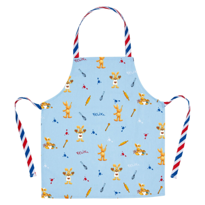 Avental azul claro com desenhos de coelhos amarelos e utensílios de cozinha