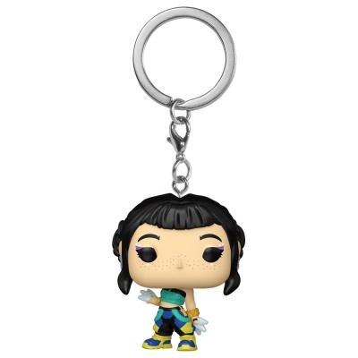 Porta-chaves Funko Pop personagem feminina com roupa azul, preta e amarela.