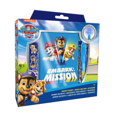 Caixa azul do Paw Patrol com diário, caneta mágica azul e autocolantes