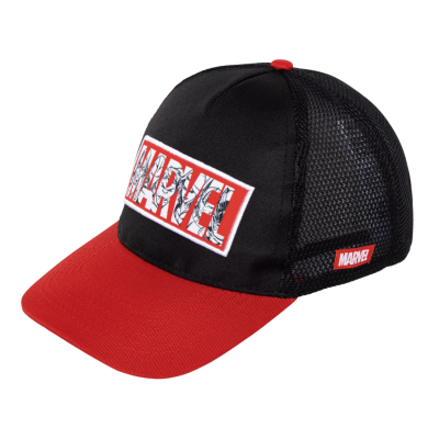 Boné preto e vermelho com logo MARVEL na frente e lateral