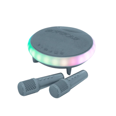 Coluna de som redonda cinza com luzes LED coloridas e dois microfones cinzentos