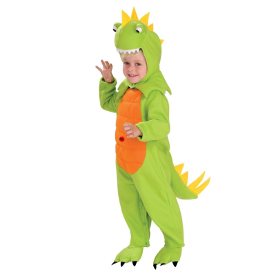 Fantasia de dinossauro verde com barriga laranja e detalhes em amarelo e preto para criança