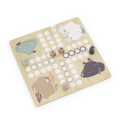 Jogo de tabuleiro de madeira com peças e dados coloridos