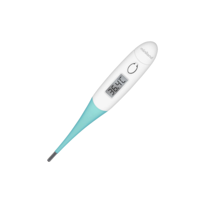 Termómetro digital branco e azul com visor de temperatura