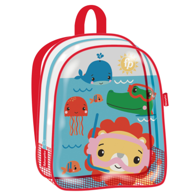 Mochila infantil colorida com animais marinhos e etiqueta fisher-price