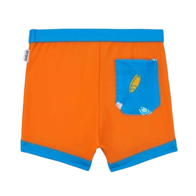Calções de criança laranja com bordas e bolso azul decorado