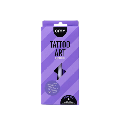 Caixa roxa listrada do produto OMY Tattoo Art Rock Club para marcadores e moldes de tatuagem temporária