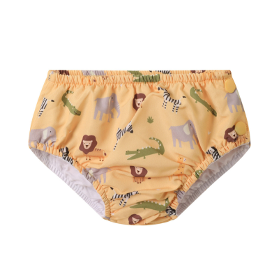 Cueca de banho amarela com padrão de animais para bebé