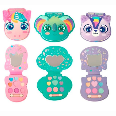 Três conjuntos de maquilhagem infantil com espelhos e sombras coloridas em forma de unicórnio, koala e gato.