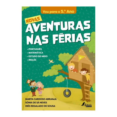 Capa de livro escolar 'Novas Aventuras nas Férias' para o 5.º Ano com ilustração de casa na árvore