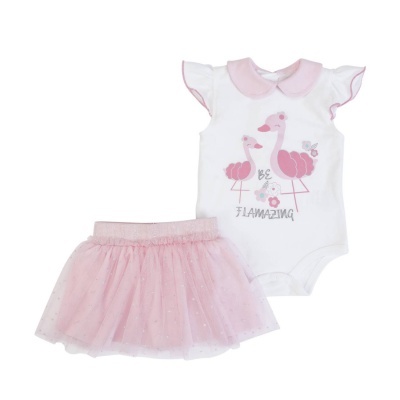 Conjunto de corpo e saia de bebé cor-de-rosa e branco com flamingos e tule