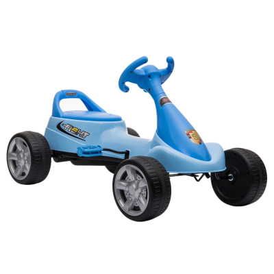 Carrinho de pedal azul claro com volante e rodas pretas em fundo branco