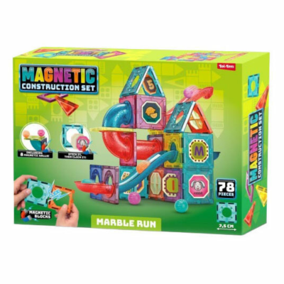 Conjunto de construção magnético colorido com 78 peças em caixa verde, ilustrando blocos magnéticos e peças de tubo para corrida de bolas.