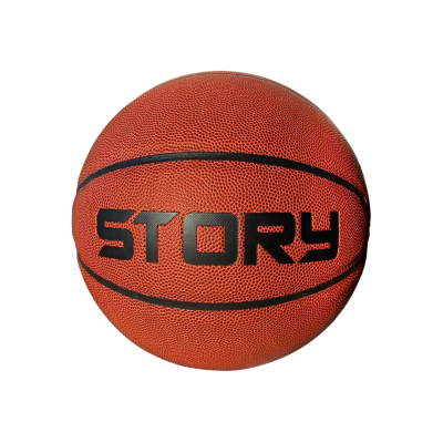 Bola de basquetebol laranja com palavra STORY preta