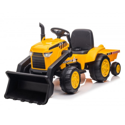Trator de brinquedo amarelo com pá frontal e carrinho em fundo branco