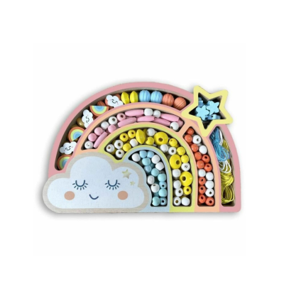 Conjunto de contas coloridas em caixa em forma de arco-íris com nuvem sorridente