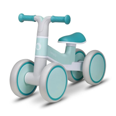 Bicicleta de equilíbrio branca e azul-turquesa para crianças com quatro rodas largas e guiador de punhos.