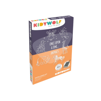 Embalagem de kit de cartas extra KIDYDRAW com tema animais, em lilás e laranja, com desenhos brancos e texto colorido.