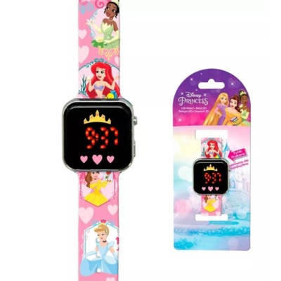 Relógio LED infantil Disney Princess com bracelete rosa e princesas