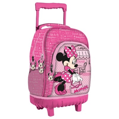 Mochila de carrinho infantil cor-de-rosa com estampa Minnie Mouse e texto em branco