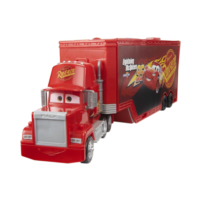 Carrinha de brinquedo vermelha com trailer e decoração de personagem Lightning McQueen