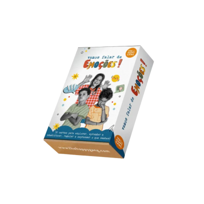 Caixa branca de jogo com crianças e texto sobre emoções