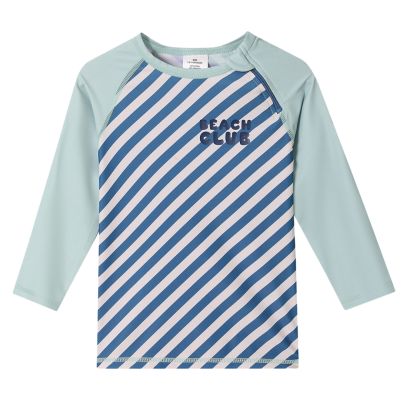 Camisola de criança azul e verde água com riscas e texto BEACH CLUB